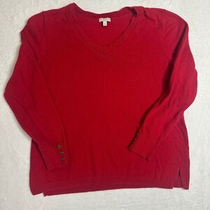 Talbots Petite Large Red V-Neck Sweater Button Cuff Pullover High-Low Hem Career